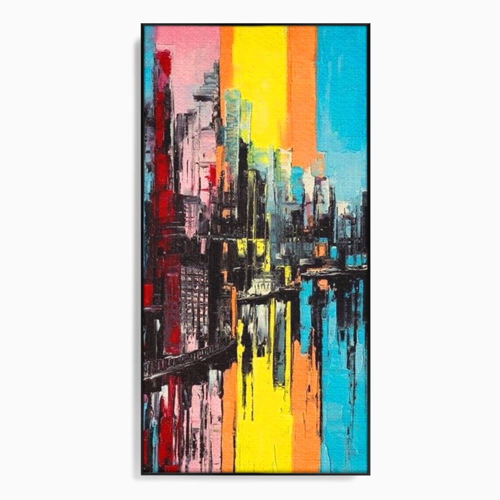 Tablou canvas cu tablou abstract cu cladiri si reflexii, in rama de aluminiu negru