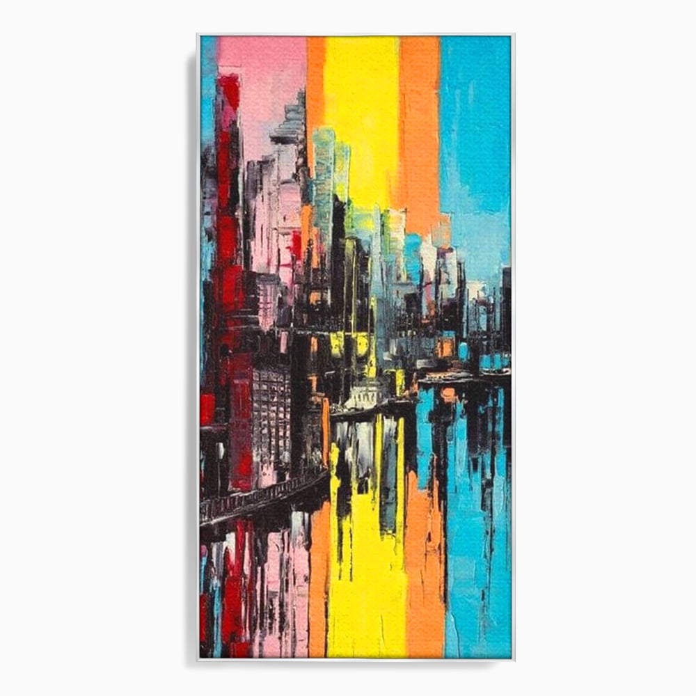 Tablou canvas cu tablou abstract cu cladiri si reflexii, in rama de aluminiu argintiu