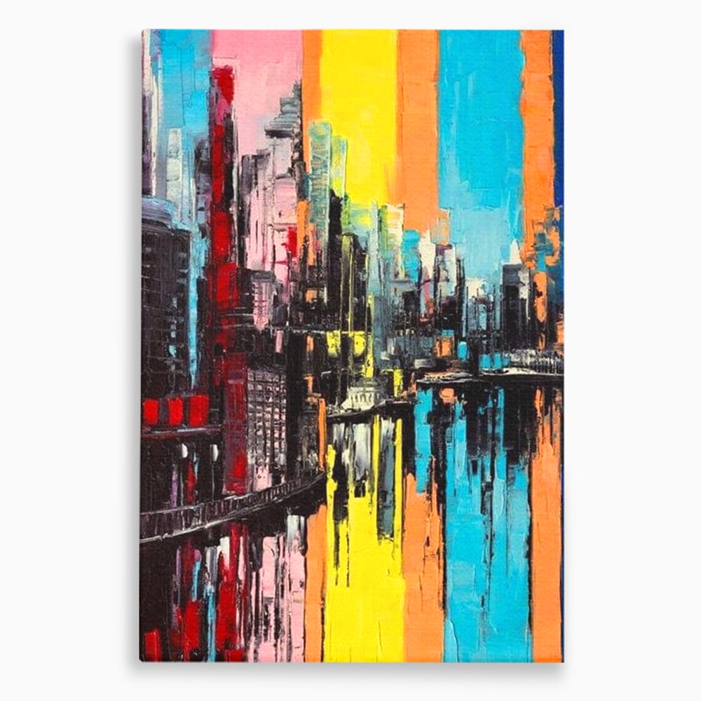 Tablou canvas cu tablou abstract cu cladiri si reflexii, fara rama, pe sasiu de lemn