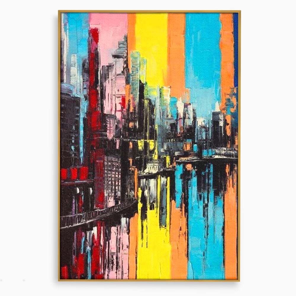 Tablou canvas cu tablou abstract cu cladiri si reflexii, in rama de aluminiu auriu