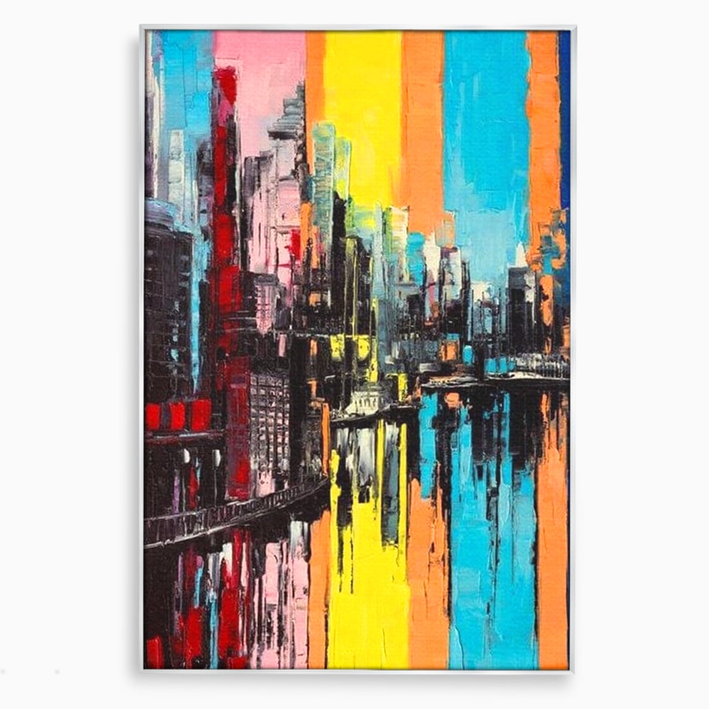 Tablou canvas cu tablou abstract cu cladiri si reflexii, in rama de aluminiu argintiu
