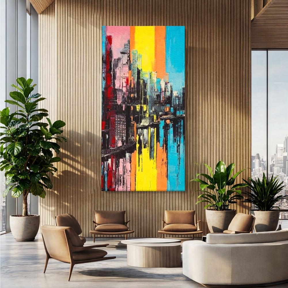 Tablou canvas cu tablou abstract cu cladiri si reflexii, fara rama, pe sasiu de lemn, pe perete intr-un birou