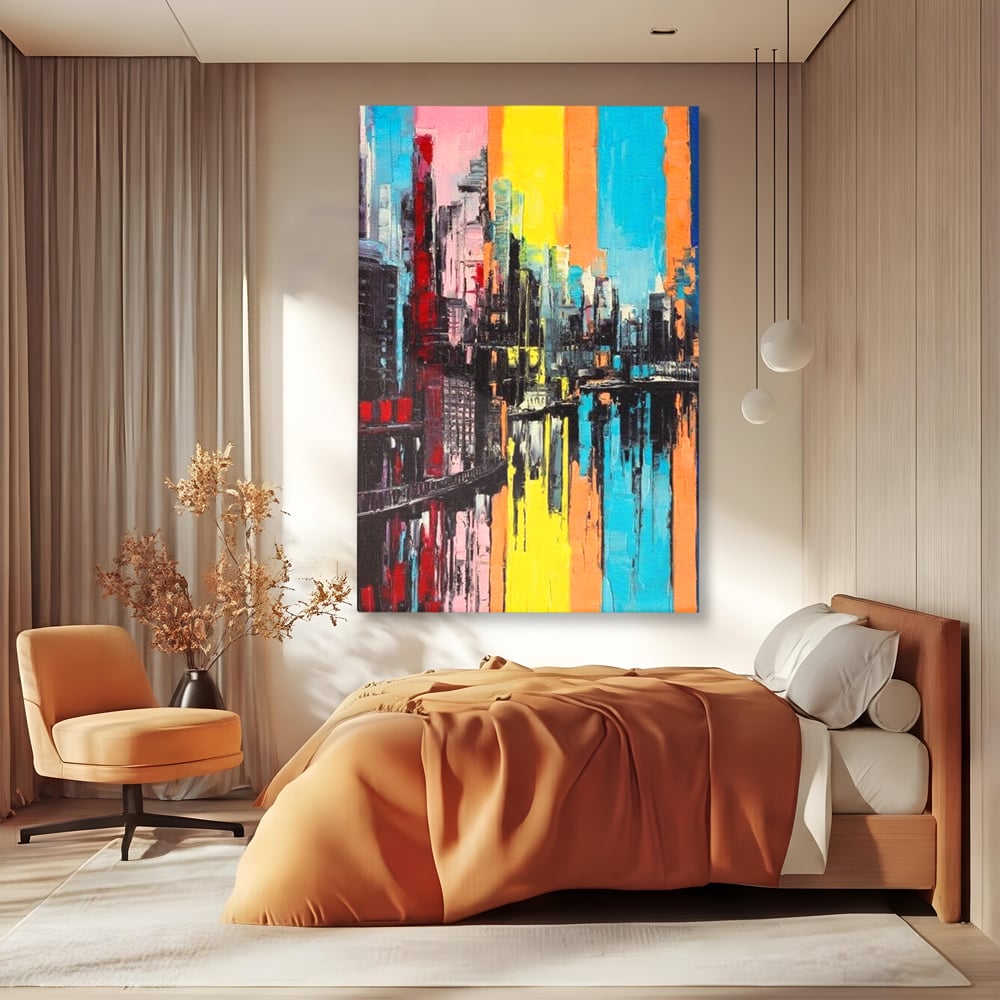 Tablou canvas cu tablou abstract cu cladiri si reflexii, fara rama, pe sasiu de lemn, pe perete intr-un dormitor