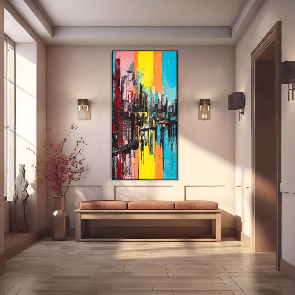 Tablou canvas cu tablou abstract cu cladiri si reflexii, in rama de aluminiu negru