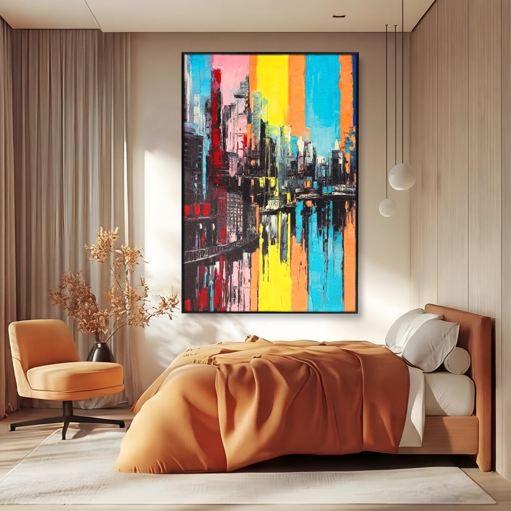 Tablou canvas cu tablou abstract cu cladiri si reflexii, in rama de aluminiu negru, pe perete intr-un dormitor