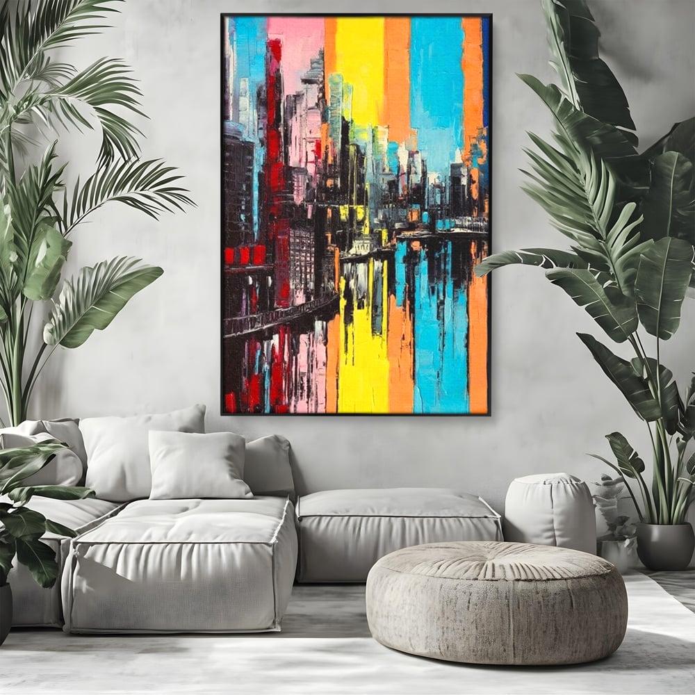 Tablou canvas cu tablou abstract cu cladiri si reflexii, in rama de aluminiu negru, pe perete intr-un living