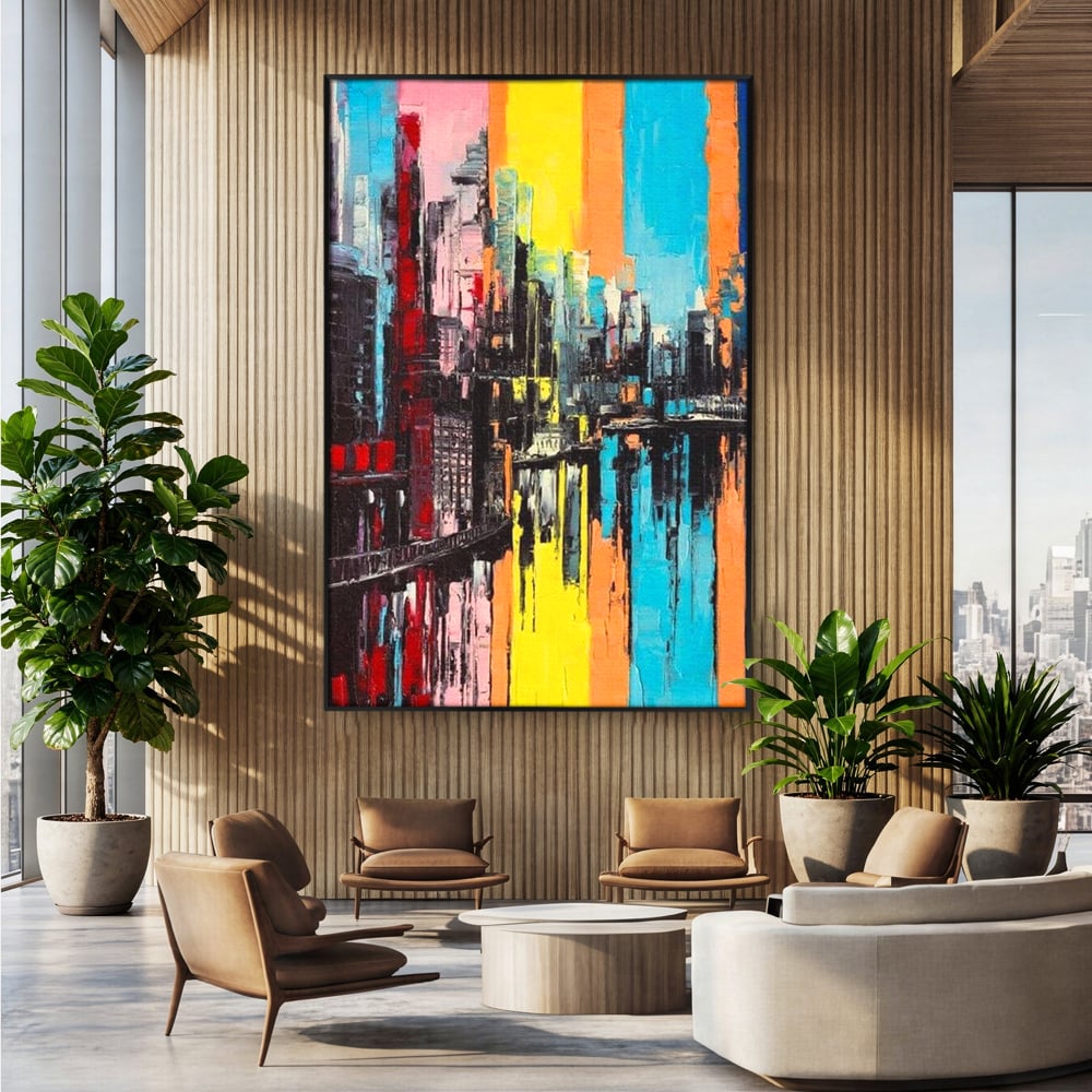 Tablou canvas cu tablou abstract cu cladiri si reflexii, in rama de aluminiu negru, pe perete intr-un birou