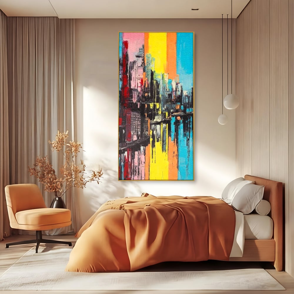 Tablou canvas cu tablou abstract cu cladiri si reflexii, in rama de aluminiu auriu, pe perete intr-un dormitor