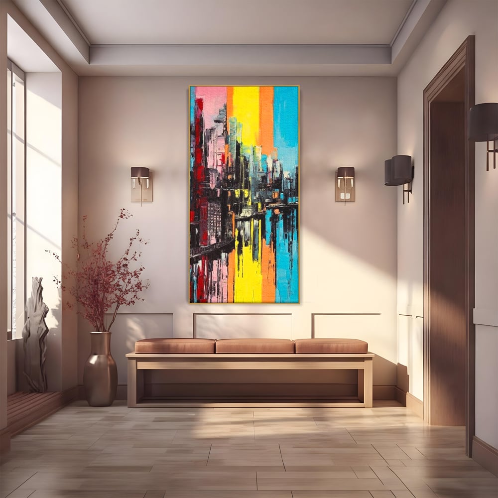 Tablou canvas cu tablou abstract cu cladiri si reflexii, in rama de aluminiu auriu