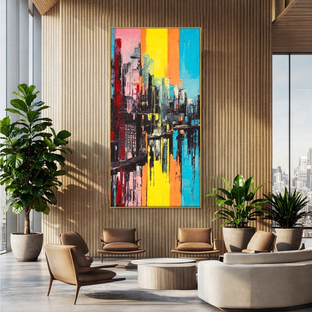 Tablou canvas cu tablou abstract cu cladiri si reflexii, in rama de aluminiu auriu, pe perete intr-un birou