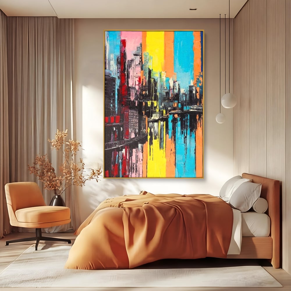 Tablou canvas cu tablou abstract cu cladiri si reflexii, in rama de aluminiu auriu, pe perete intr-un dormitor