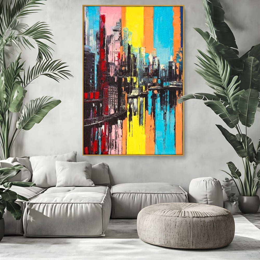 Tablou canvas cu tablou abstract cu cladiri si reflexii, in rama de aluminiu auriu, pe perete intr-un living