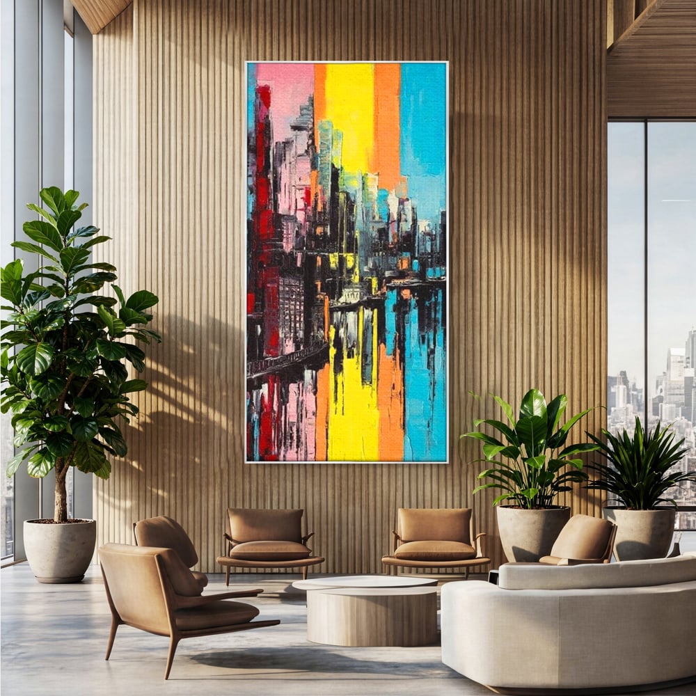 Tablou canvas cu tablou abstract cu cladiri si reflexii, in rama de aluminiu argintiu, pe perete intr-un birou