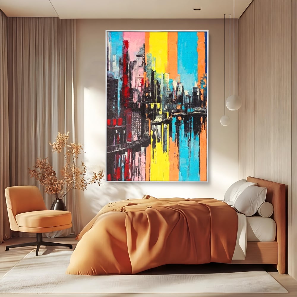 Tablou canvas cu tablou abstract cu cladiri si reflexii, in rama de aluminiu argintiu, pe perete intr-un dormitor