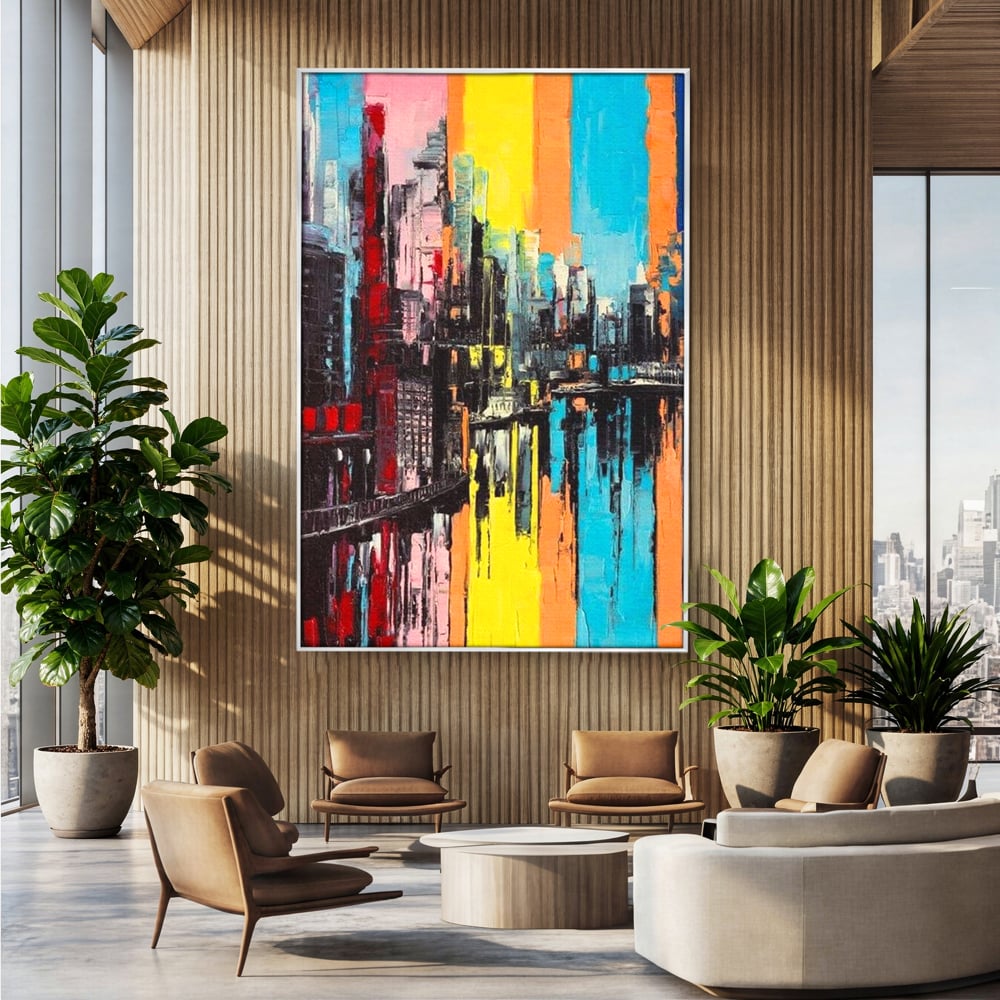 Tablou canvas cu tablou abstract cu cladiri si reflexii, in rama de aluminiu argintiu, pe perete intr-un birou