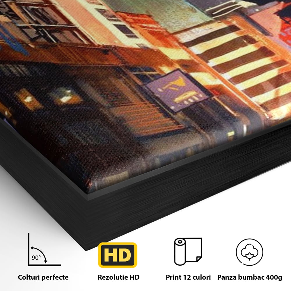 Detaliu al suprafetei: pictura digitala cu strazi inguste, in rama de aluminiu negru