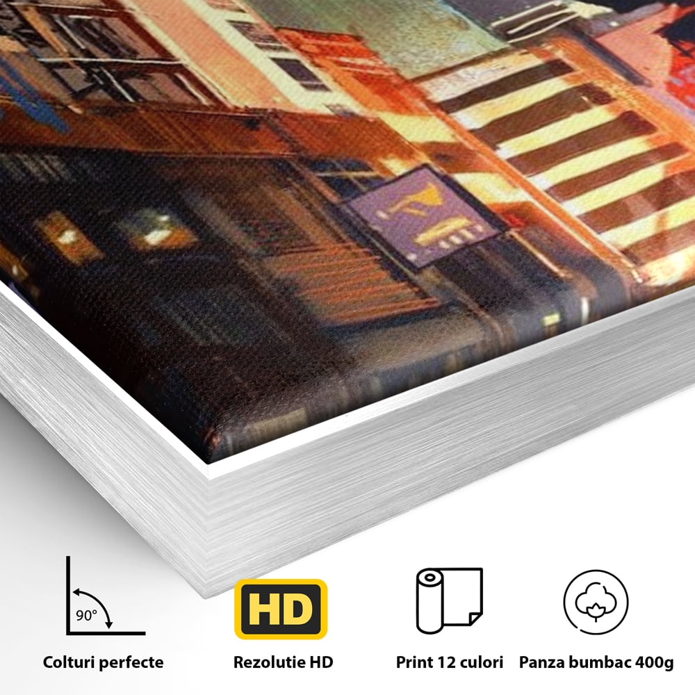 Detaliu al suprafetei: pictura digitala cu strazi inguste, in rama de aluminiu argintiu
