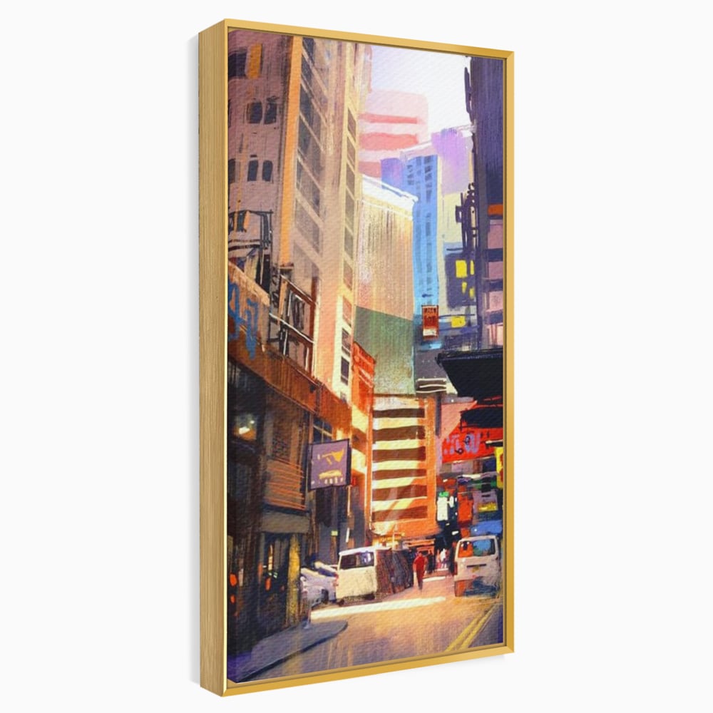 Tablou canvas cu pictura digitala cu strazi inguste, in rama de aluminiu auriu