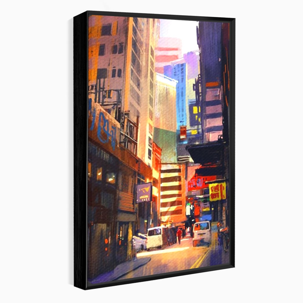 Tablou canvas cu pictura digitala cu strazi inguste, in rama de aluminiu negru