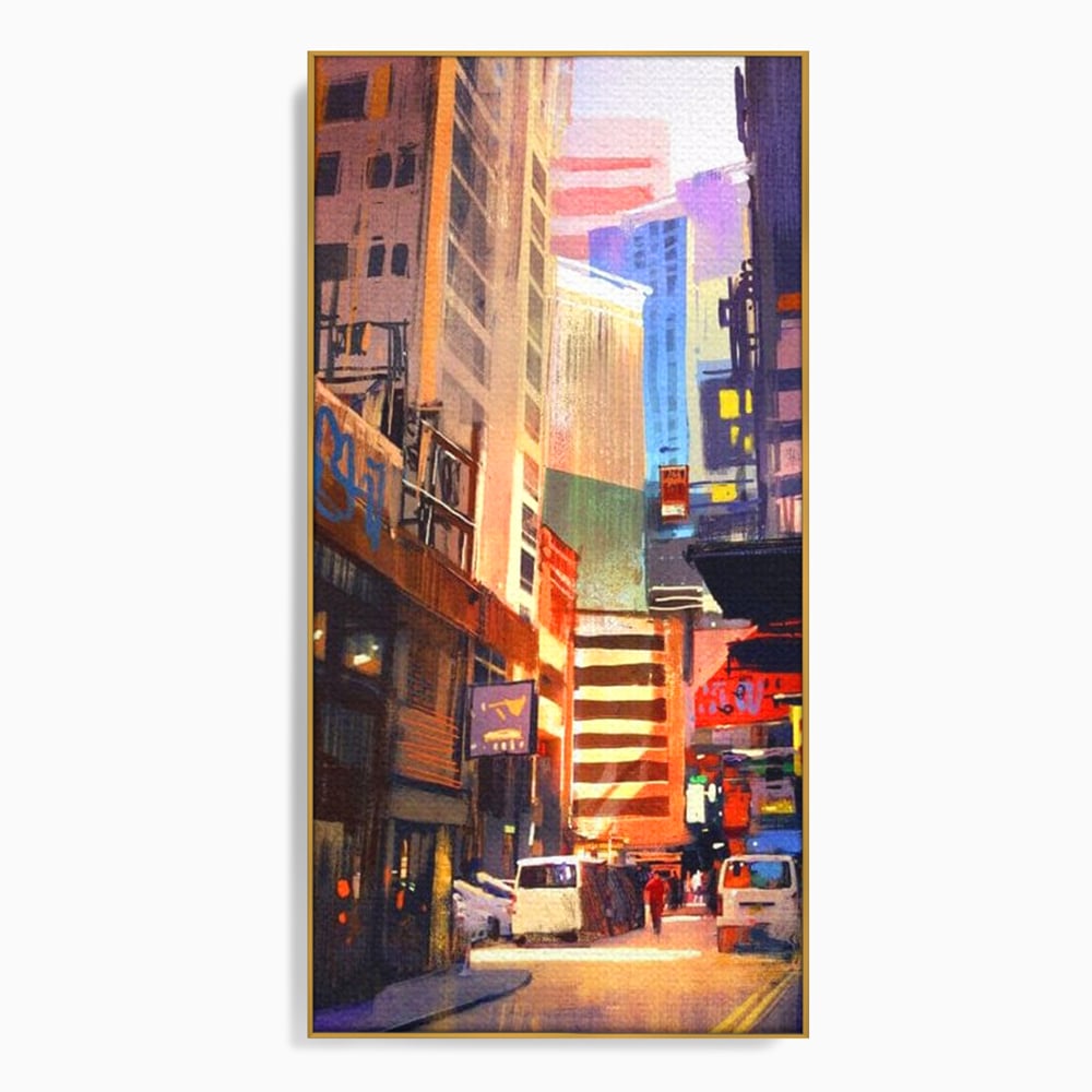 Tablou canvas cu pictura digitala cu strazi inguste, in rama de aluminiu auriu