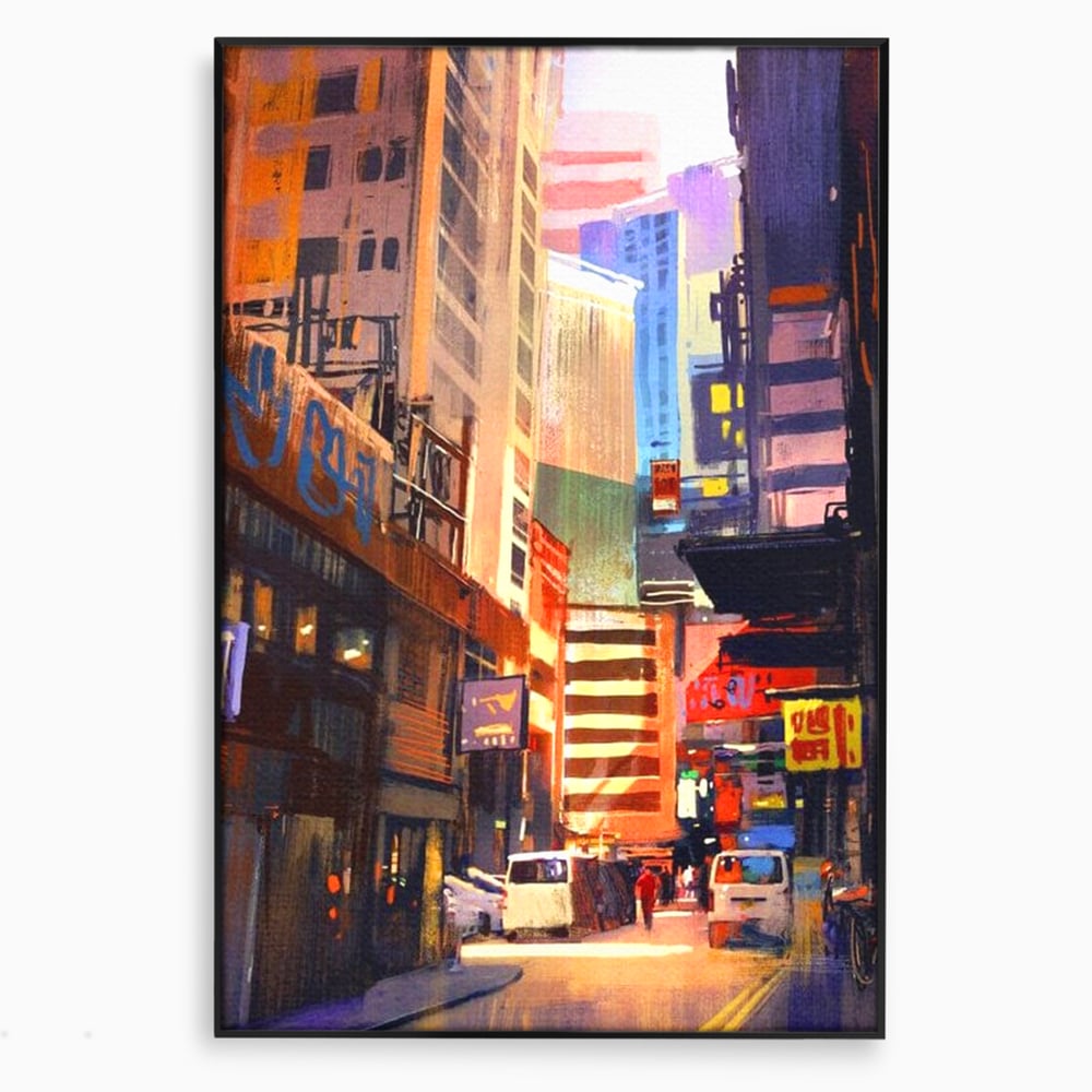 Tablou canvas cu pictura digitala cu strazi inguste, in rama de aluminiu negru