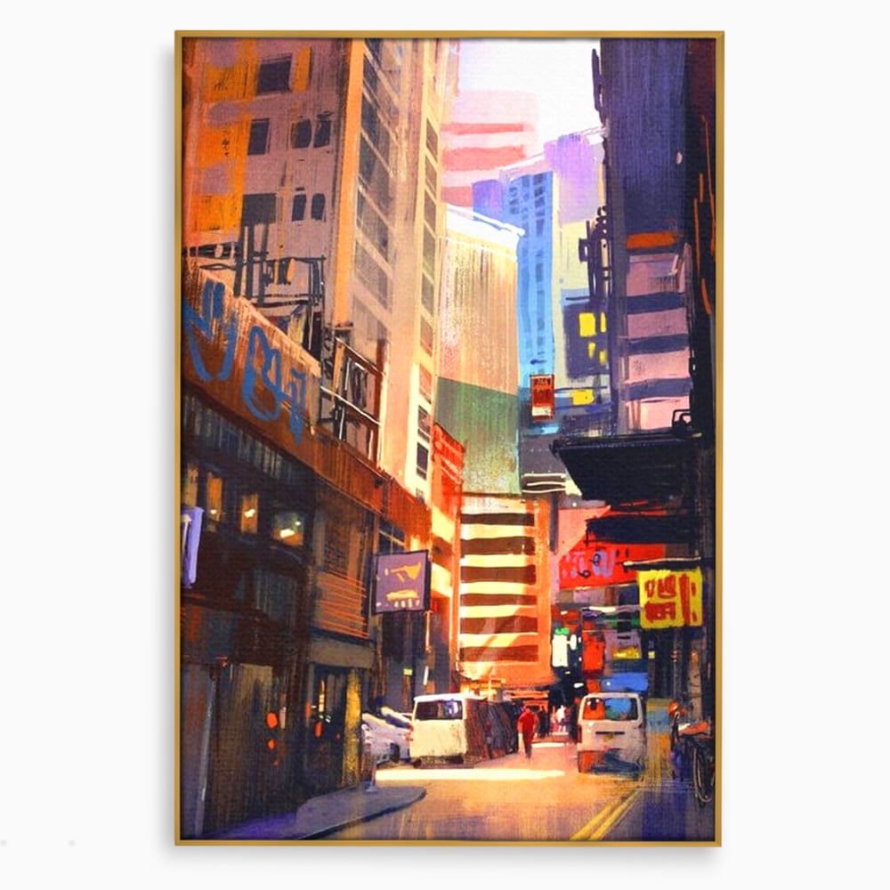 Tablou canvas cu pictura digitala cu strazi inguste, in rama de aluminiu auriu