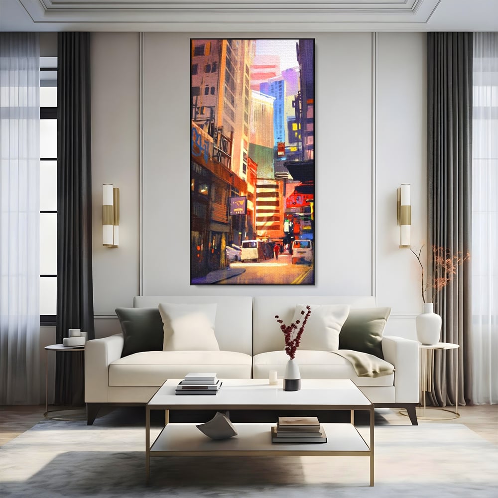 Tablou canvas cu pictura digitala cu strazi inguste, in rama de aluminiu negru, pe perete intr-un living