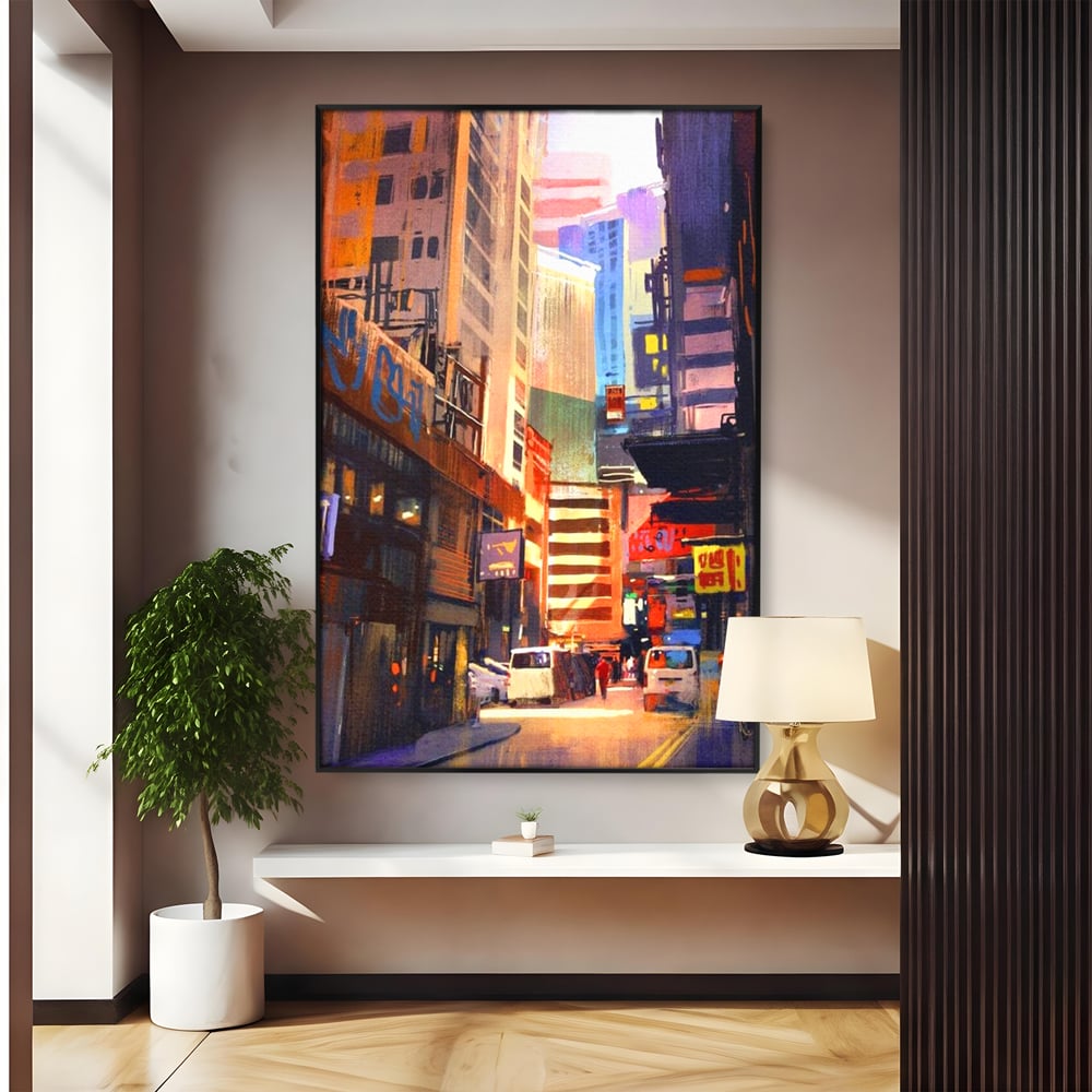 Tablou canvas cu pictura digitala cu strazi inguste, in rama de aluminiu negru