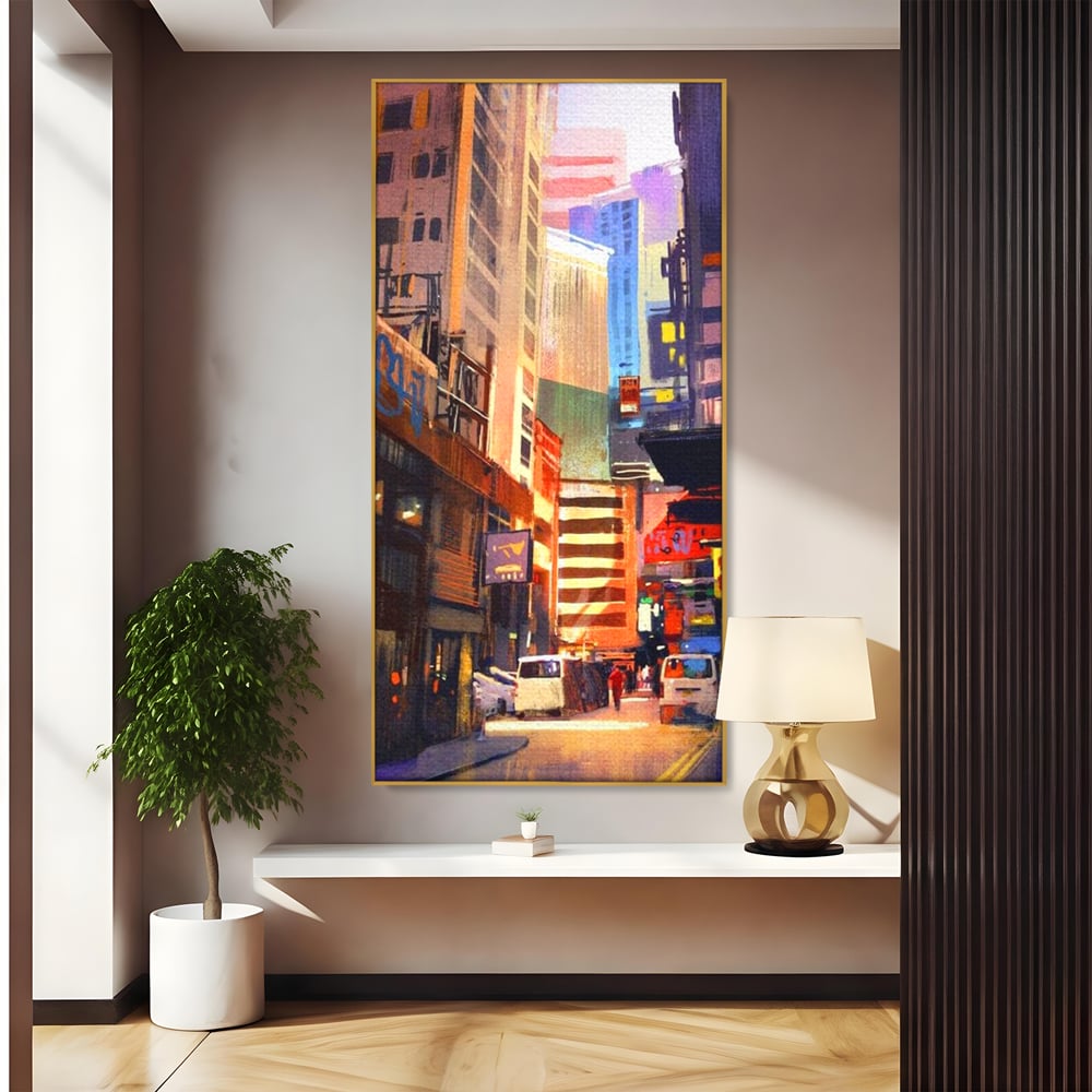 Tablou canvas cu pictura digitala cu strazi inguste, in rama de aluminiu auriu