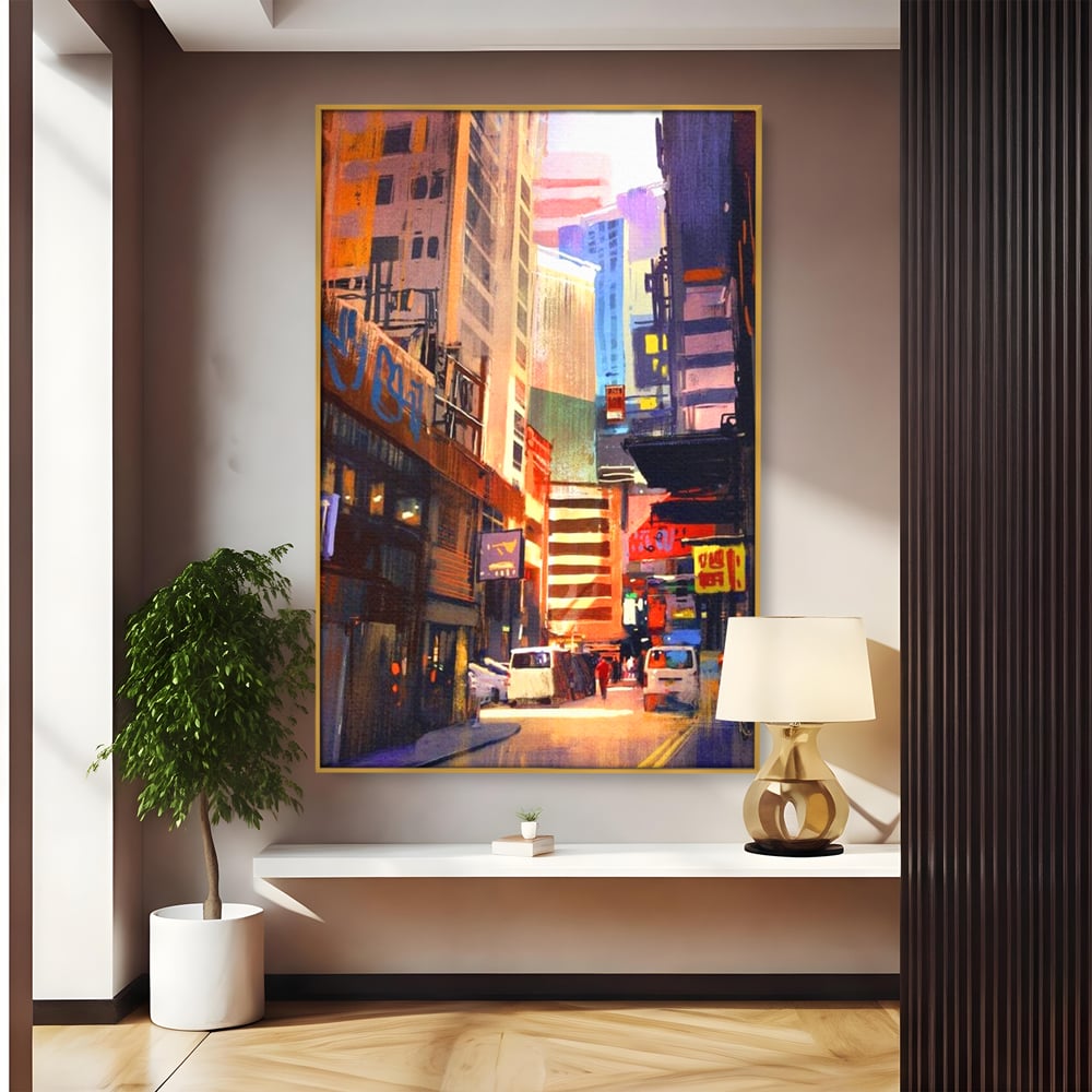 Tablou canvas cu pictura digitala cu strazi inguste, in rama de aluminiu auriu