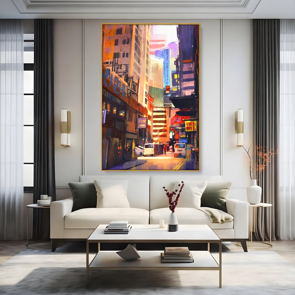 Tablou canvas cu pictura digitala cu strazi inguste, in rama de aluminiu auriu, pe perete intr-un living
