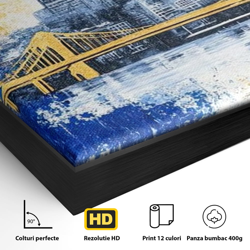 Detaliu al suprafetei: tablou canvas cu peisaj urban si pod, in rama de aluminiu negru
