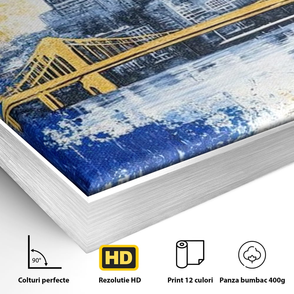 Detaliu al suprafetei: tablou canvas cu peisaj urban si pod, in rama de aluminiu argintiu