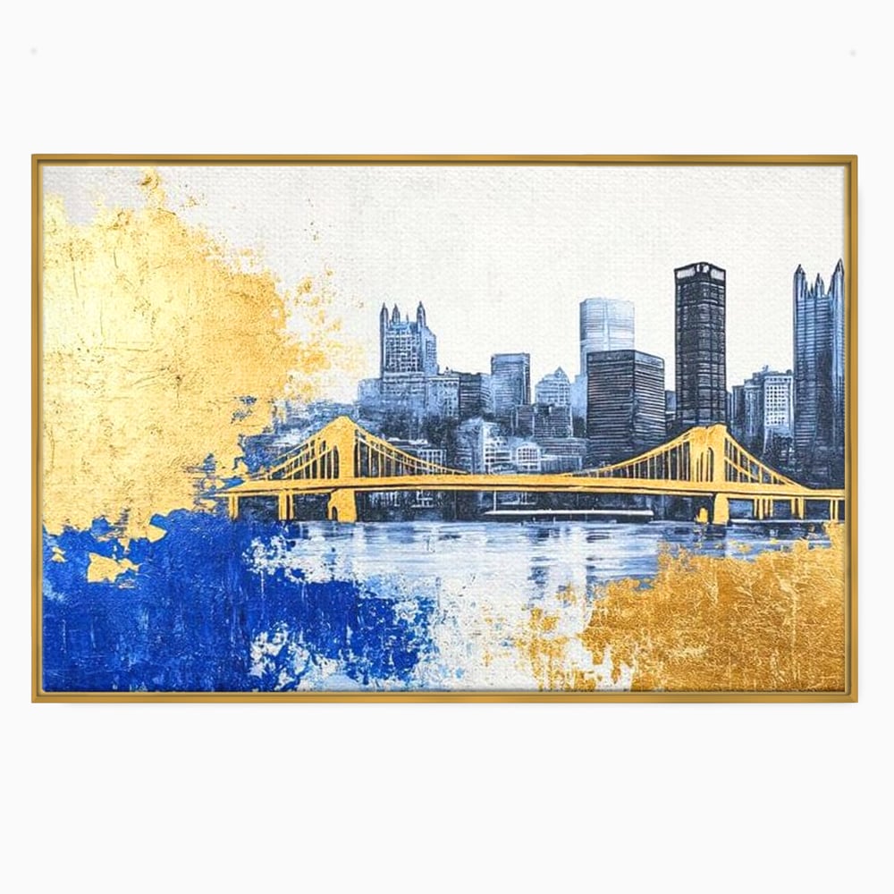 Tablou canvas cu tablou canvas cu peisaj urban si pod, in rama de aluminiu auriu