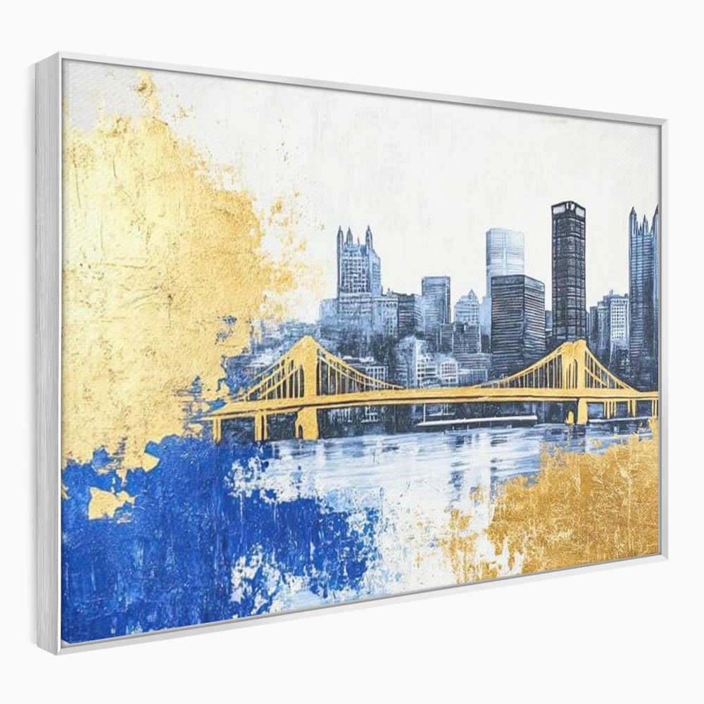 Tablou canvas cu tablou canvas cu peisaj urban si pod, in rama de aluminiu argintiu