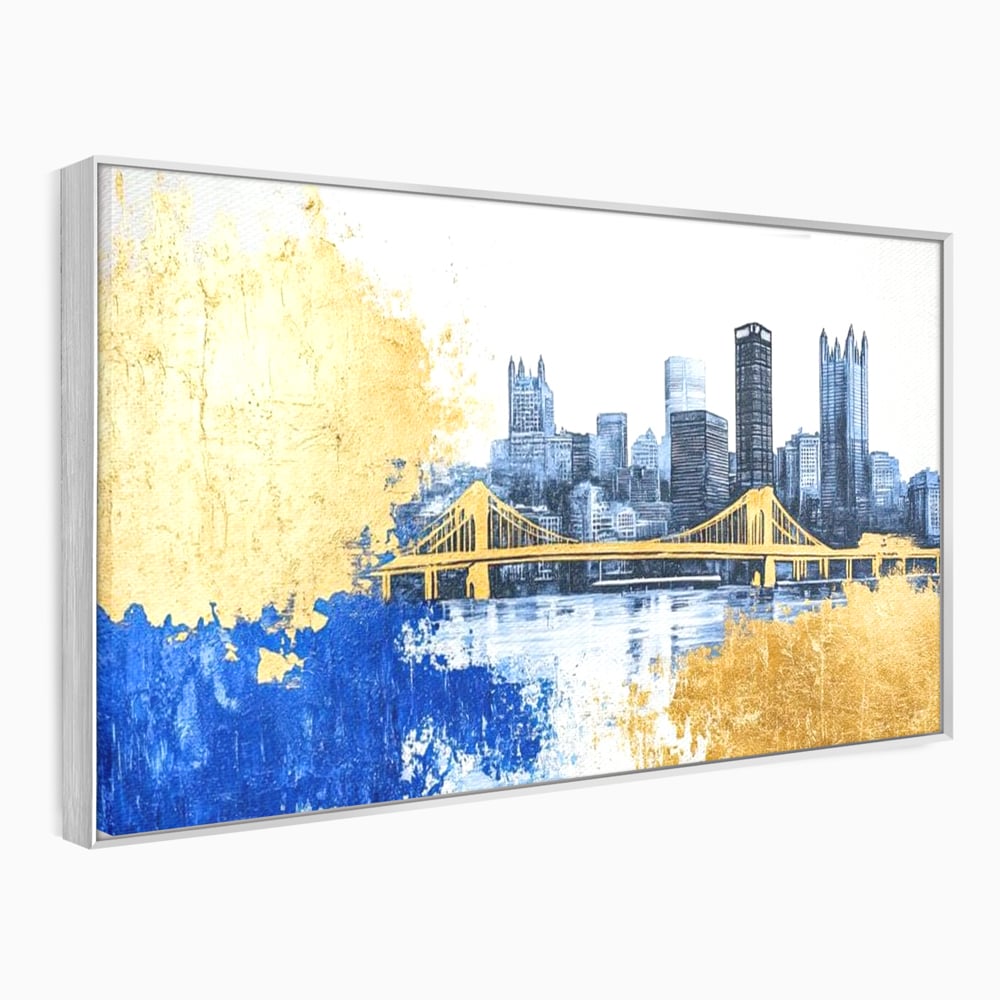 Tablou canvas cu tablou canvas cu peisaj urban si pod, in rama de aluminiu argintiu