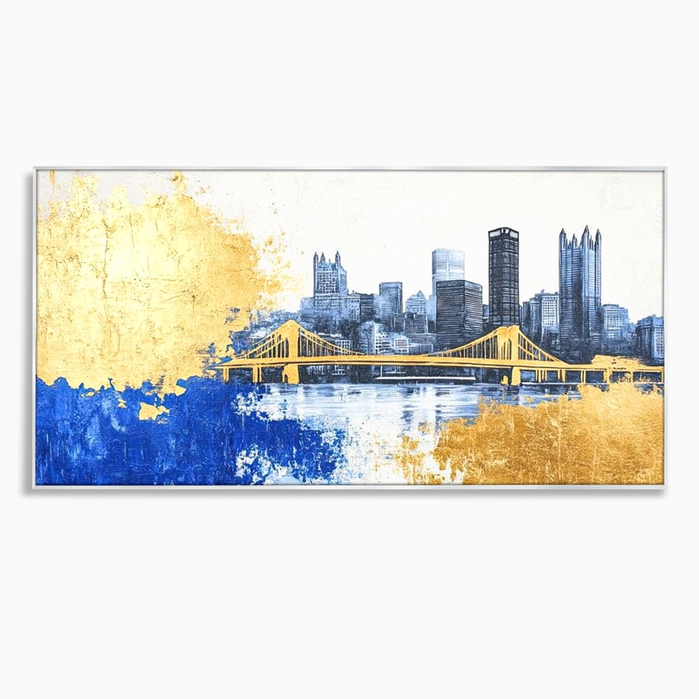 Tablou canvas cu tablou canvas cu peisaj urban si pod, in rama de aluminiu argintiu