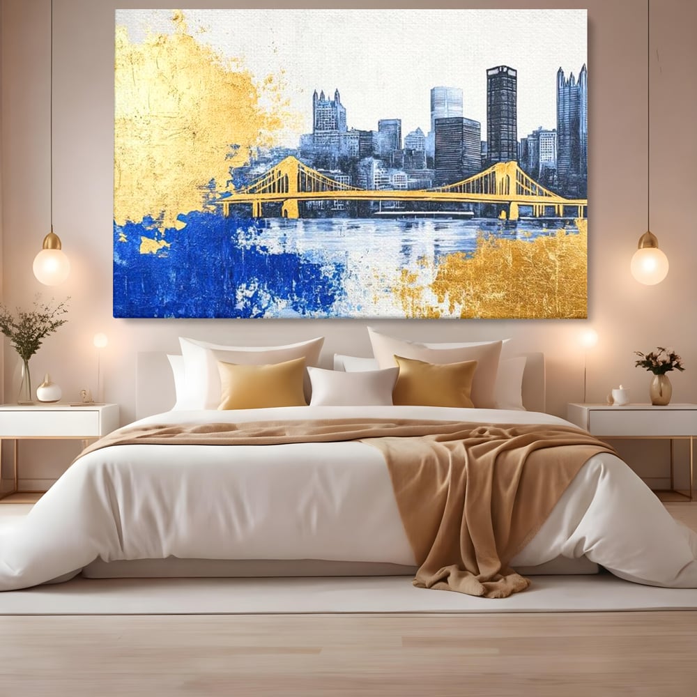 Tablou canvas cu tablou canvas cu peisaj urban si pod, fara rama, pe sasiu de lemn, pe perete intr-un dormitor