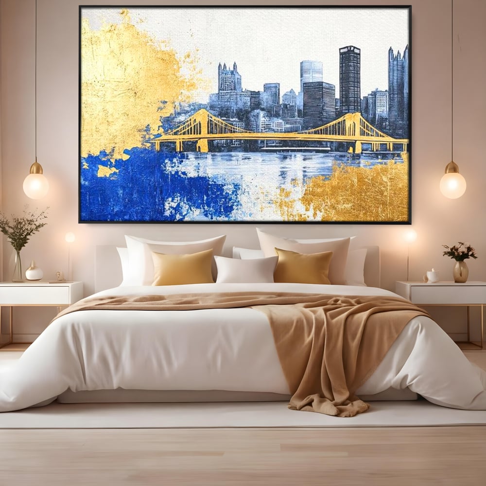 Tablou canvas cu tablou canvas cu peisaj urban si pod, in rama de aluminiu negru, pe perete intr-un dormitor
