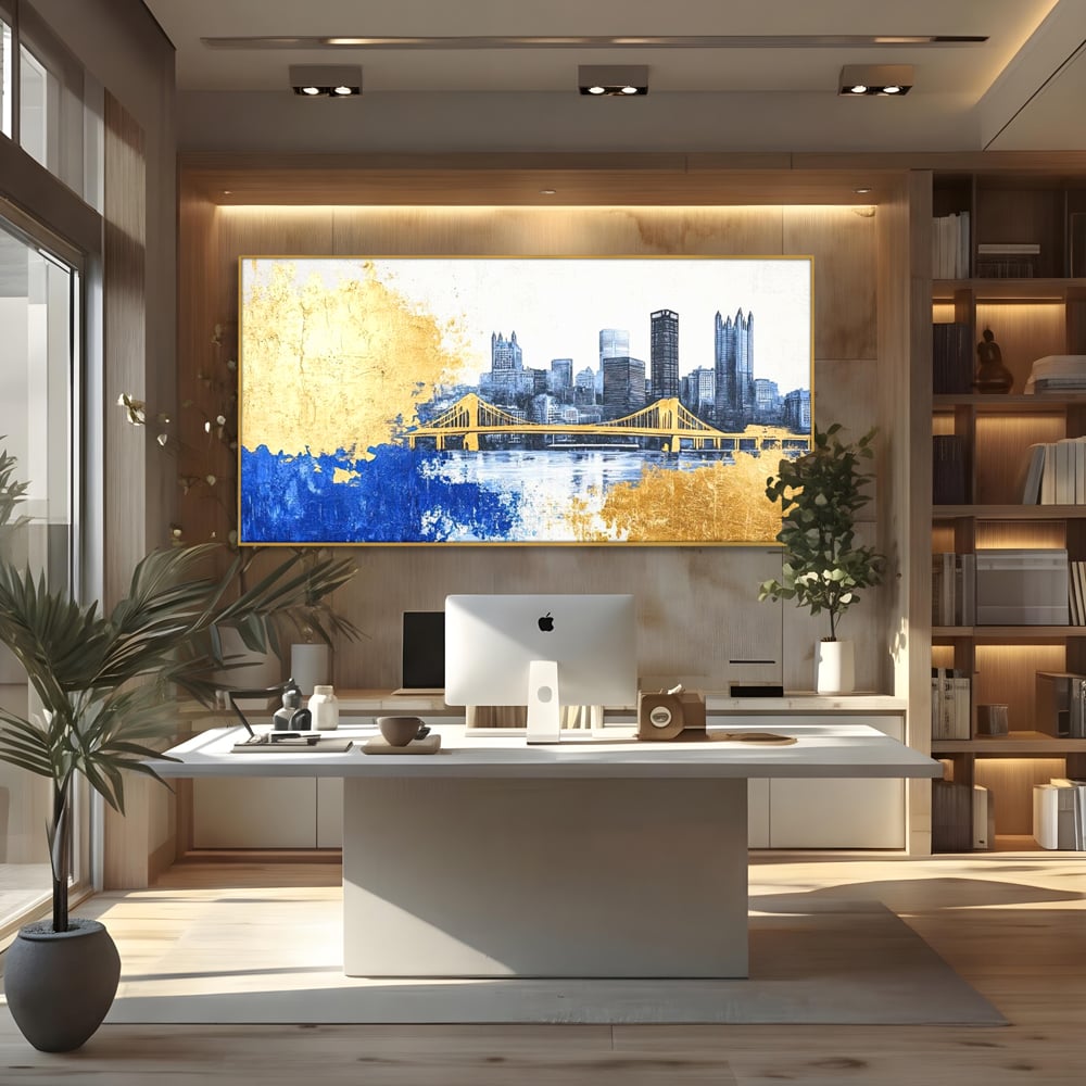 Tablou canvas cu tablou canvas cu peisaj urban si pod, in rama de aluminiu auriu, pe perete intr-un birou