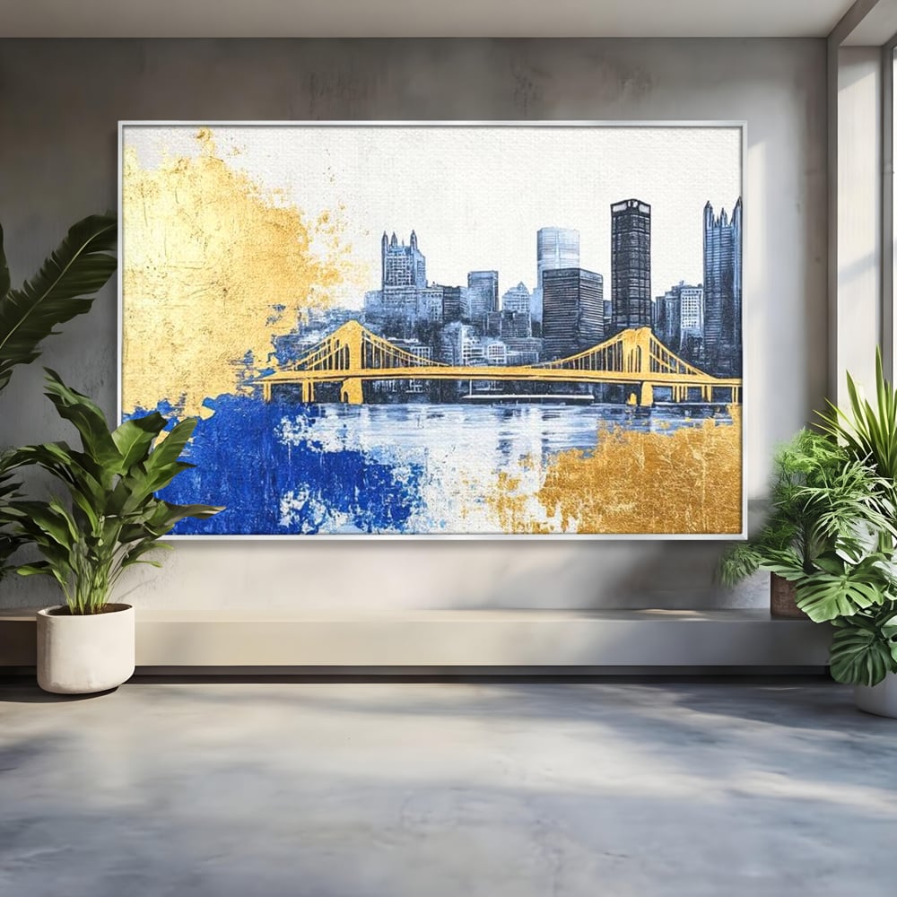 Tablou canvas cu tablou canvas cu peisaj urban si pod, in rama de aluminiu argintiu