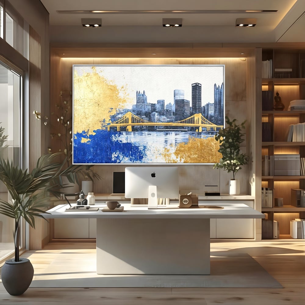 Tablou canvas cu tablou canvas cu peisaj urban si pod, in rama de aluminiu argintiu, pe perete intr-un birou