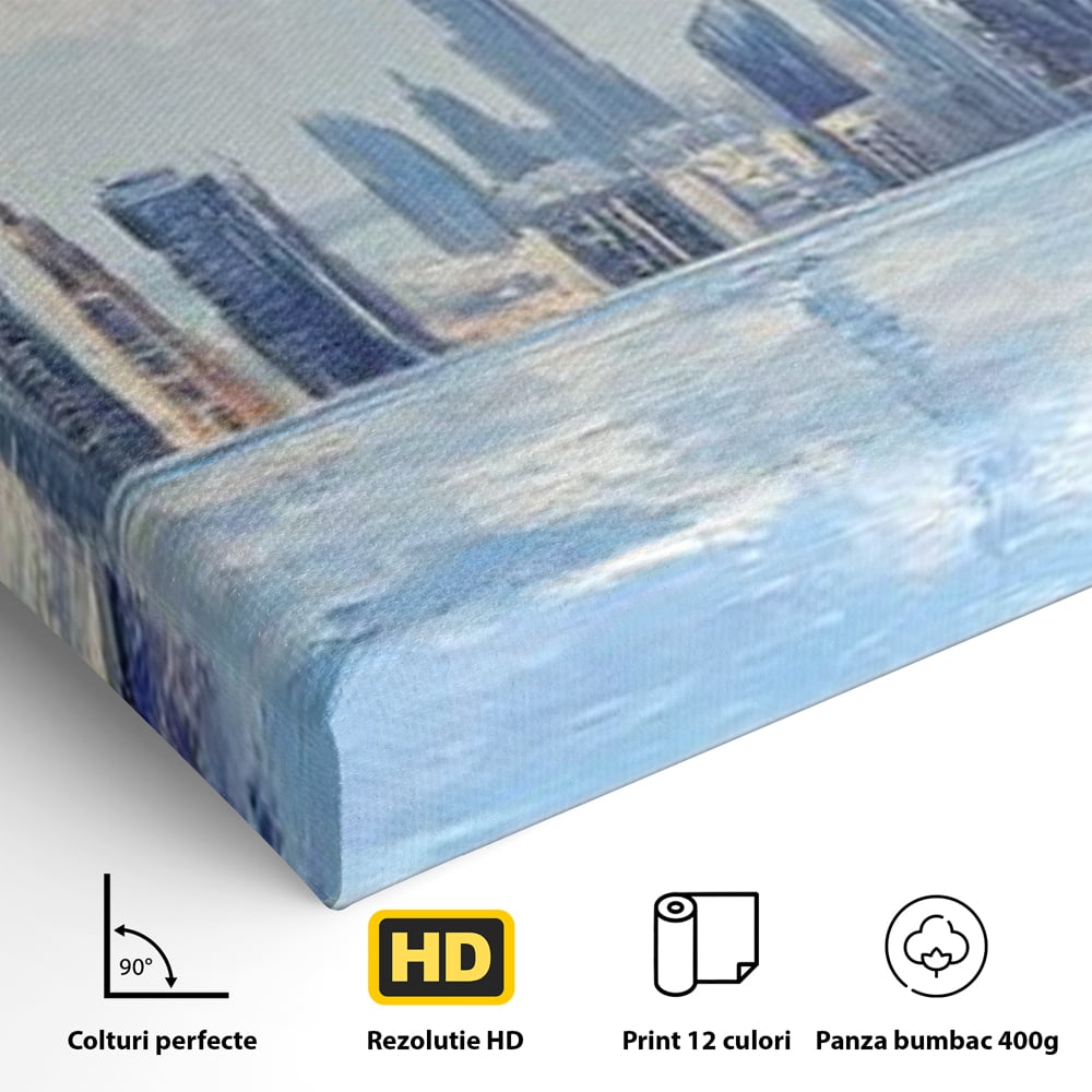 Detaliu al suprafetei: tablou canvas cu peisaj urban din dubai, fara rama, pe sasiu de lemn