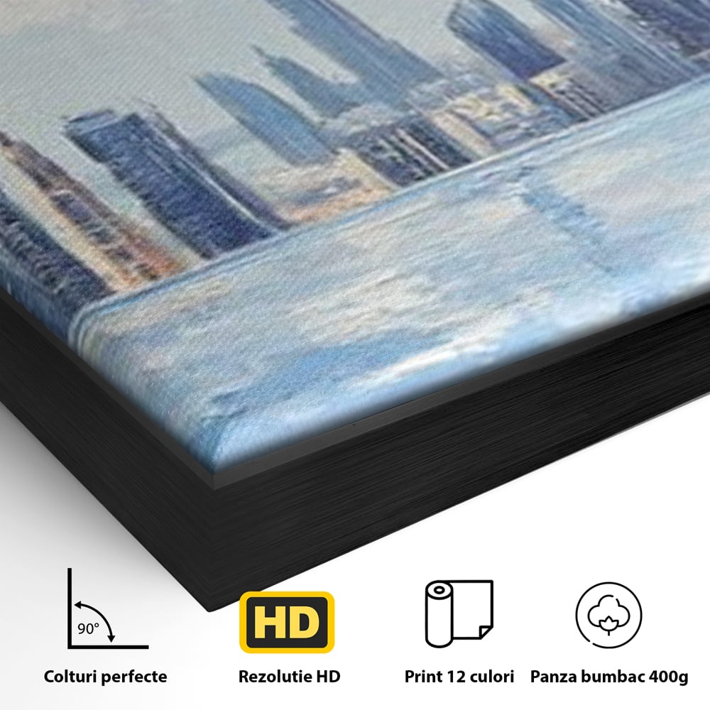 Detaliu al suprafetei: tablou canvas cu peisaj urban din dubai, in rama de aluminiu negru