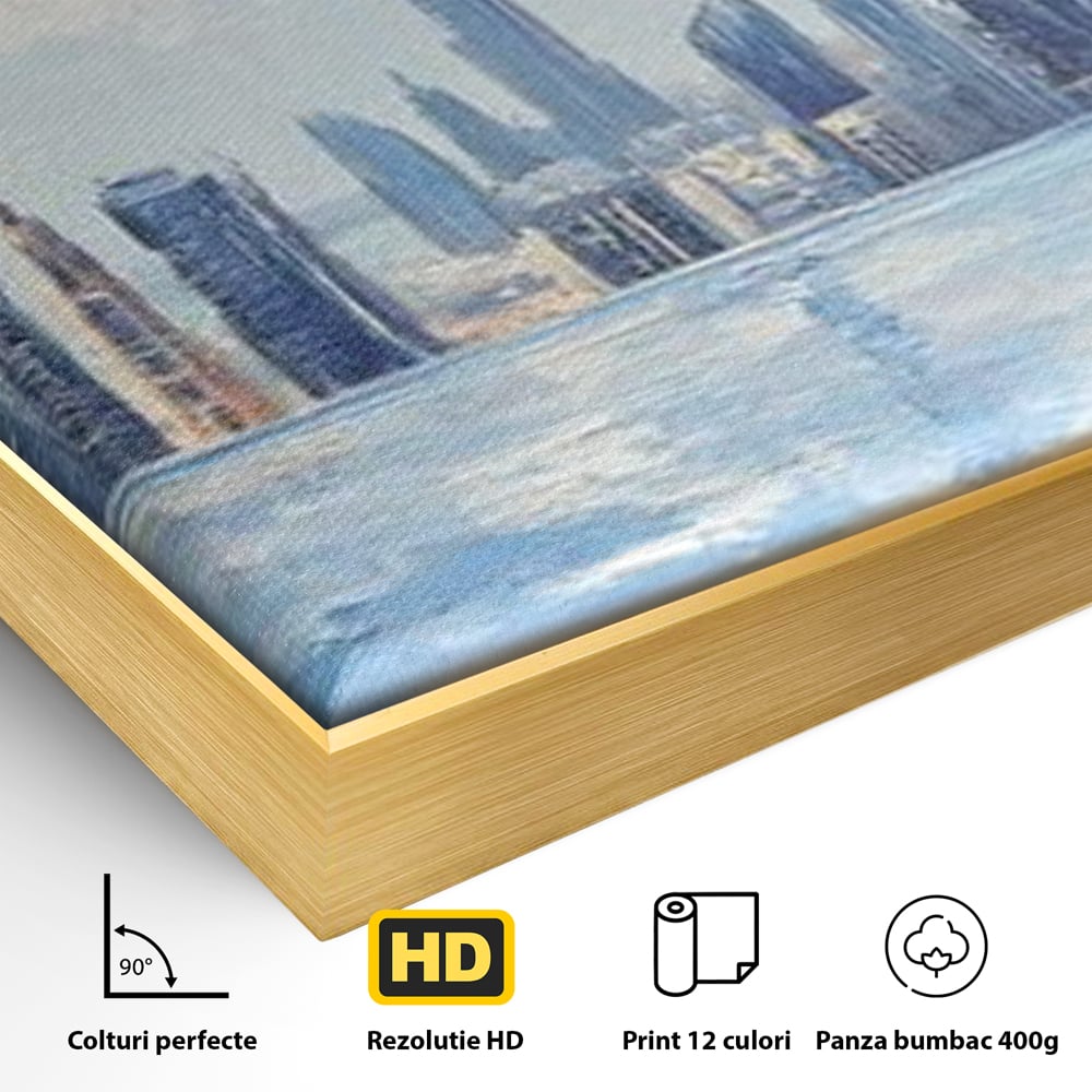 Detaliu al suprafetei: tablou canvas cu peisaj urban din dubai, in rama de aluminiu auriu
