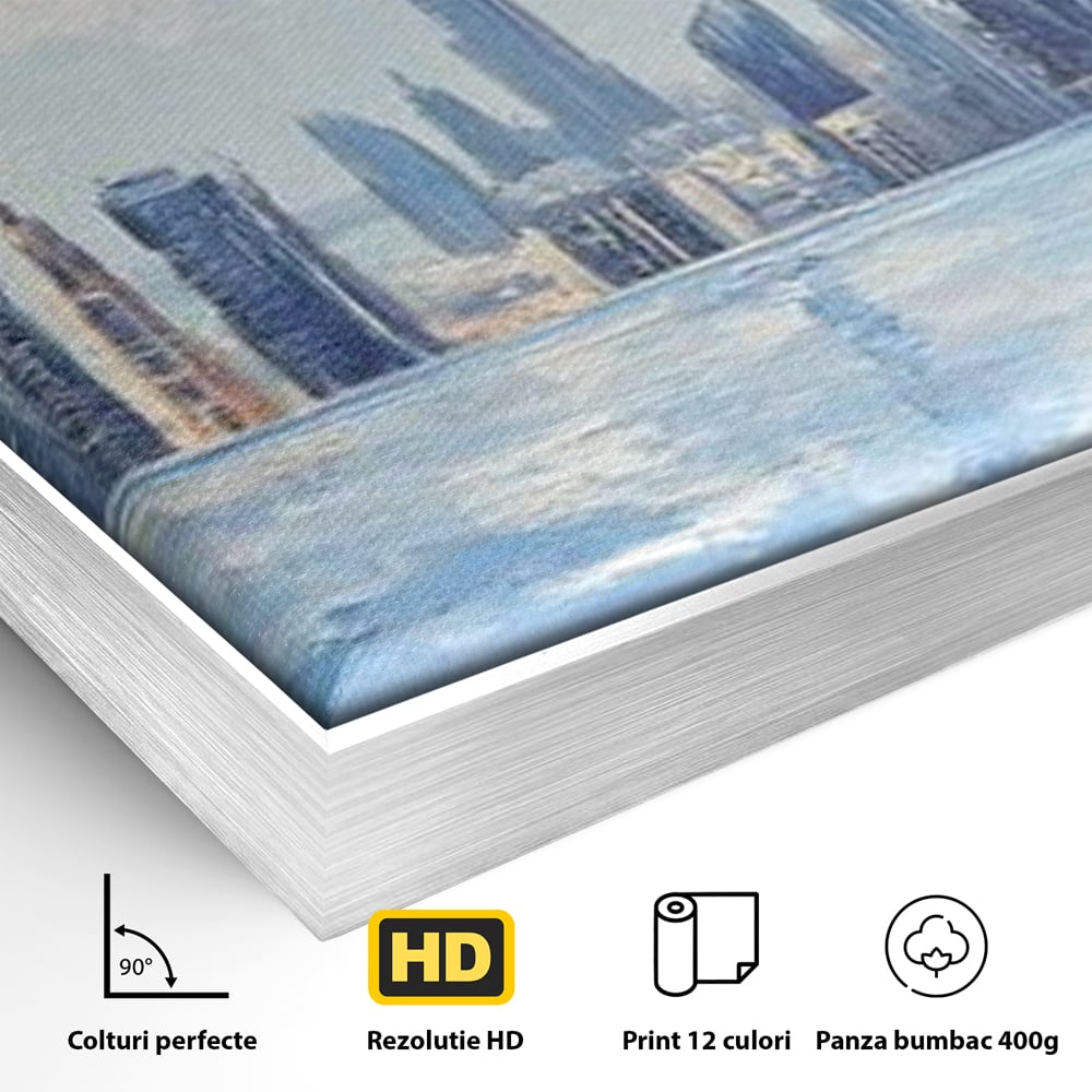 Detaliu al suprafetei: tablou canvas cu peisaj urban din dubai, in rama de aluminiu argintiu