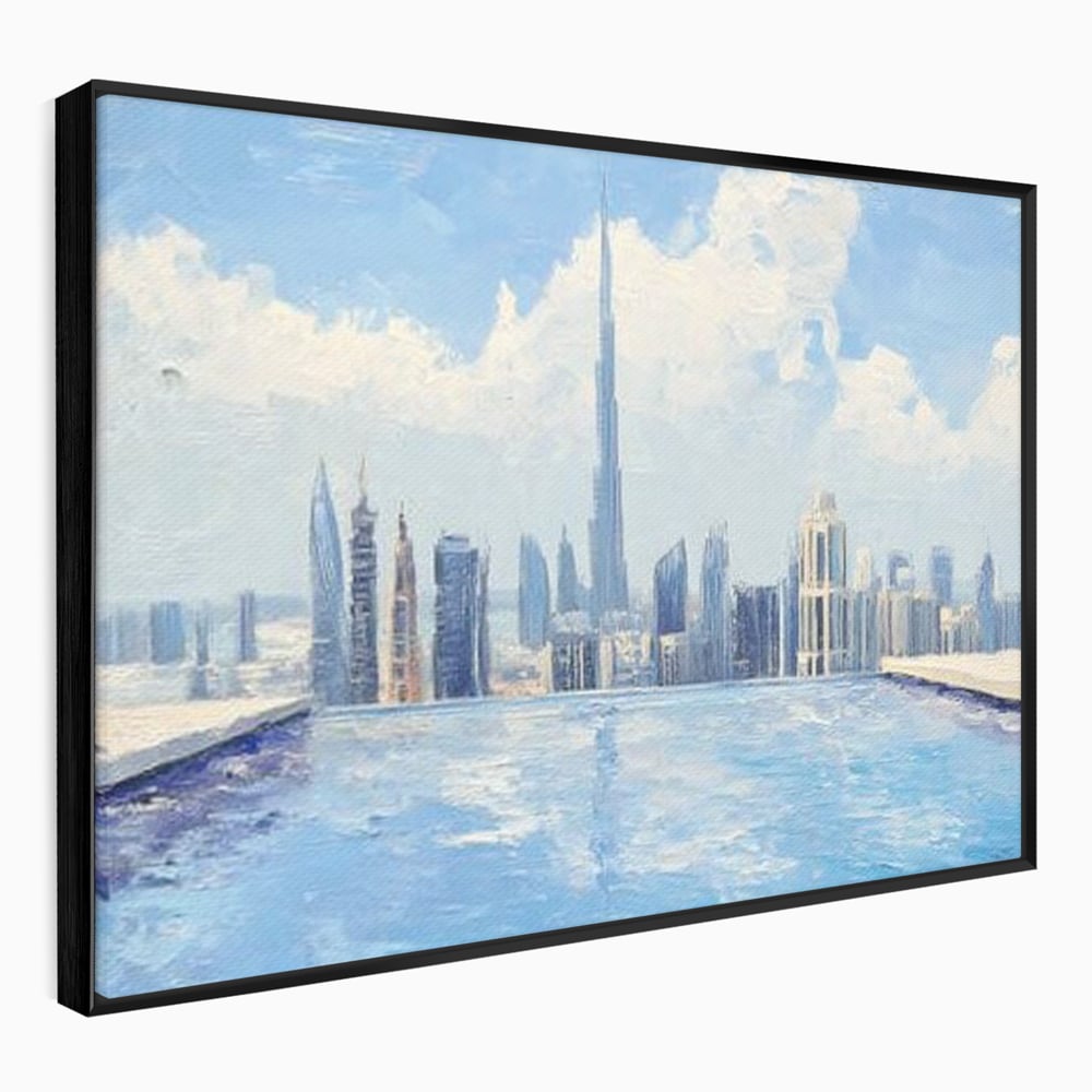 Tablou canvas cu tablou canvas cu peisaj urban din dubai, in rama de aluminiu negru