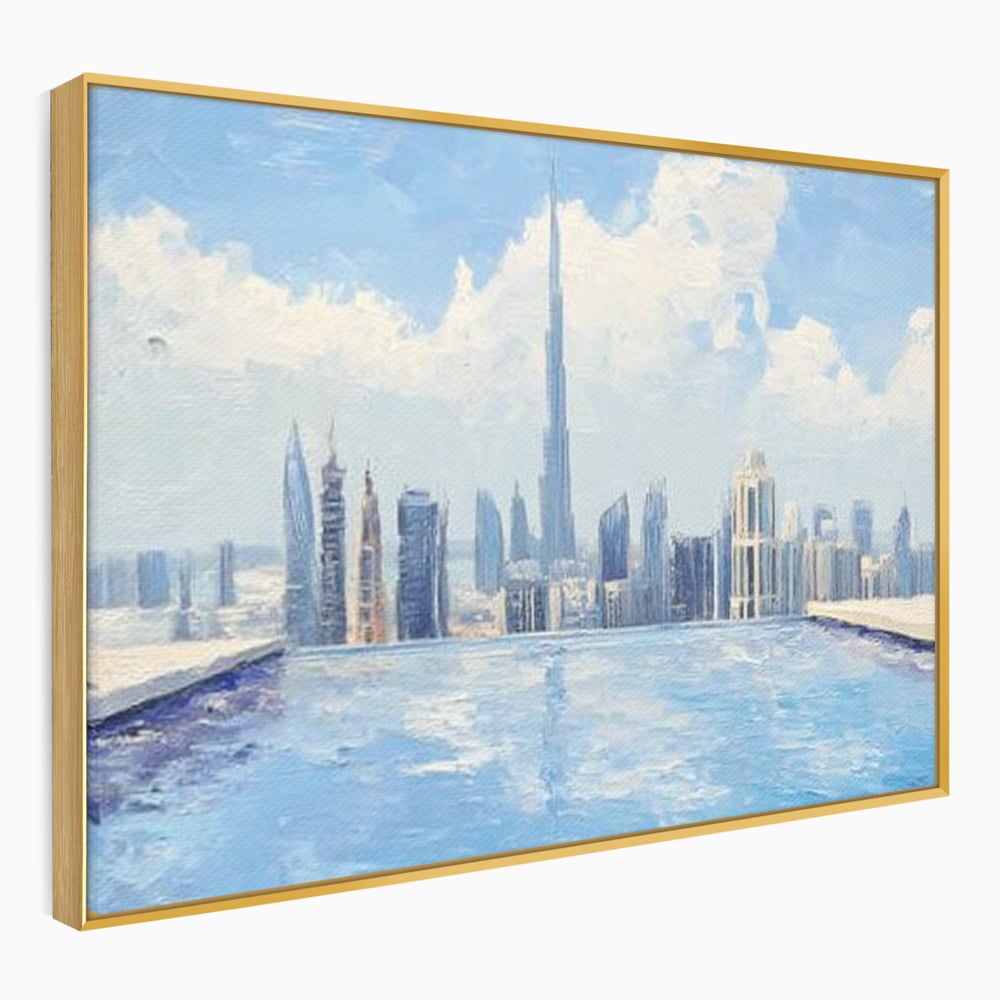 Tablou canvas cu tablou canvas cu peisaj urban din dubai, in rama de aluminiu auriu