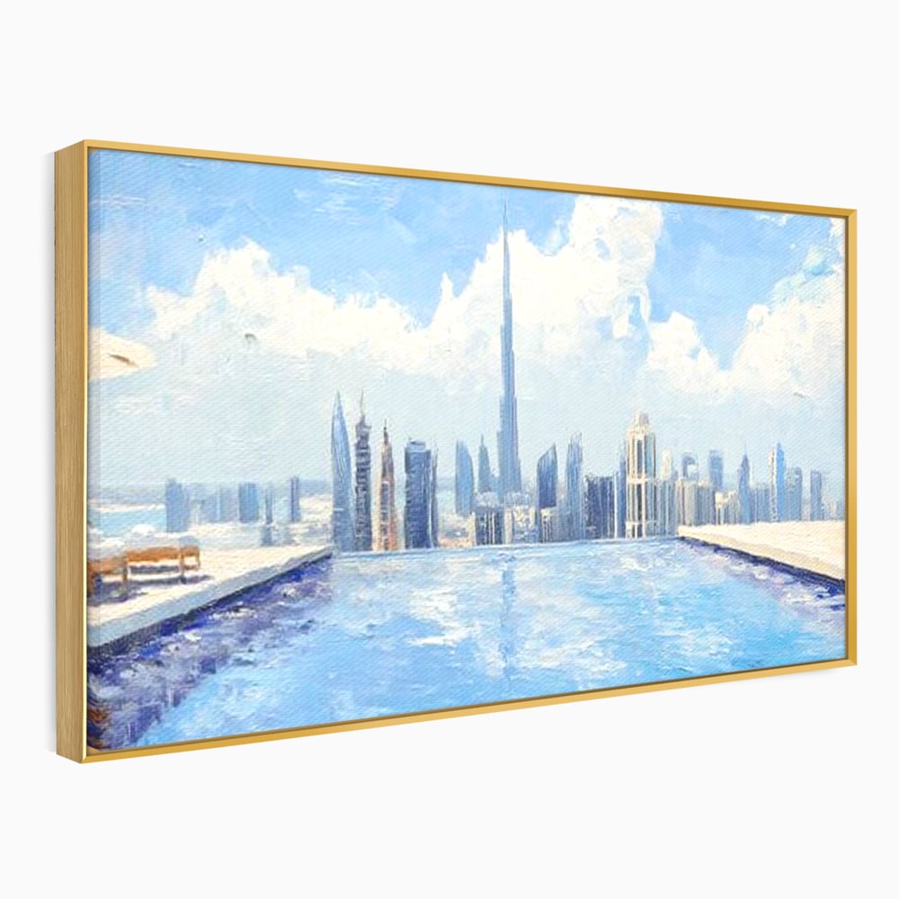 Tablou canvas cu tablou canvas cu peisaj urban din dubai, in rama de aluminiu auriu