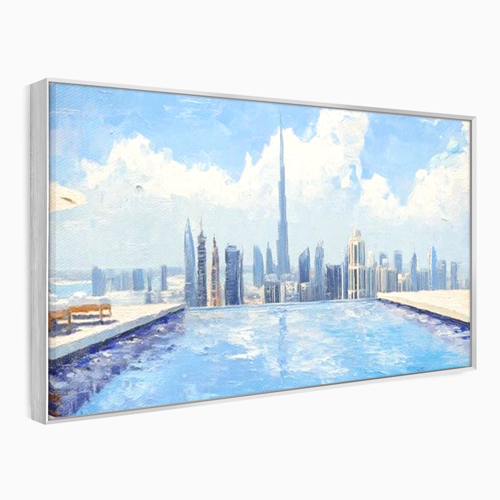 Tablou canvas cu tablou canvas cu peisaj urban din dubai, in rama de aluminiu argintiu